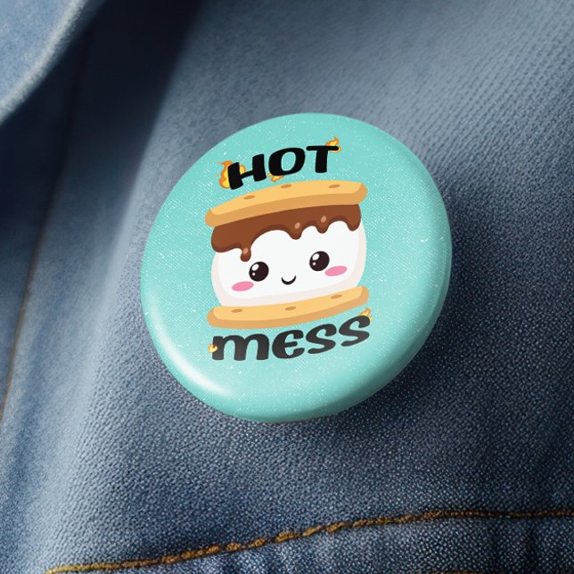 Funny Kawaii S'mores Hot Mess 6 Cm Round Badge (You'll definitely be a happy camper after you style up with this S'mores hot mess button. )
