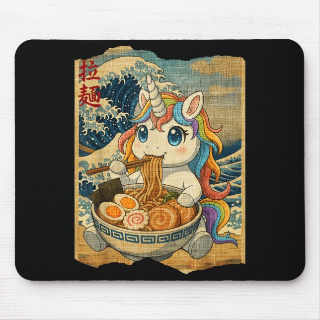 Funny Kawaii Unicorn Ramen Noodle Bowl Japanese Wa Mouse Mat (Front)