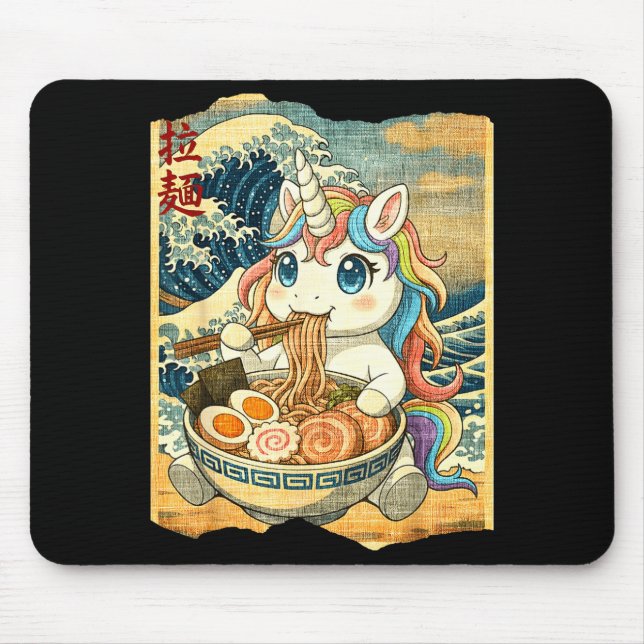 Funny Kawaii Unicorn Ramen Noodle Bowl Japanese Wa Mouse Mat (Front)