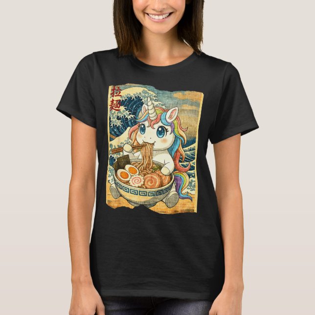 Funny Kawaii Unicorn Ramen Noodle Bowl Japanese Wa T-Shirt (Front)