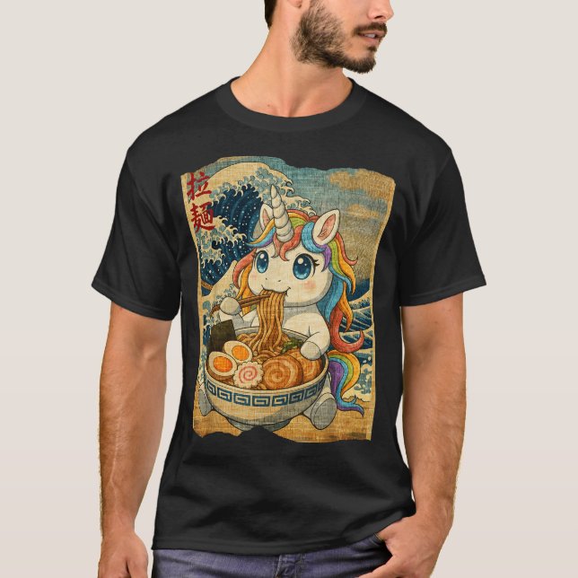 Funny Kawaii Unicorn Ramen Noodle Bowl Japanese Wa T-Shirt (Front)