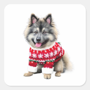 Funny Keeshond in Christmas Sweater Square Sticker