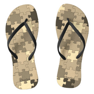 Funny Khaki Brown Puzzle Pattern Add Name or Text Flip Flops