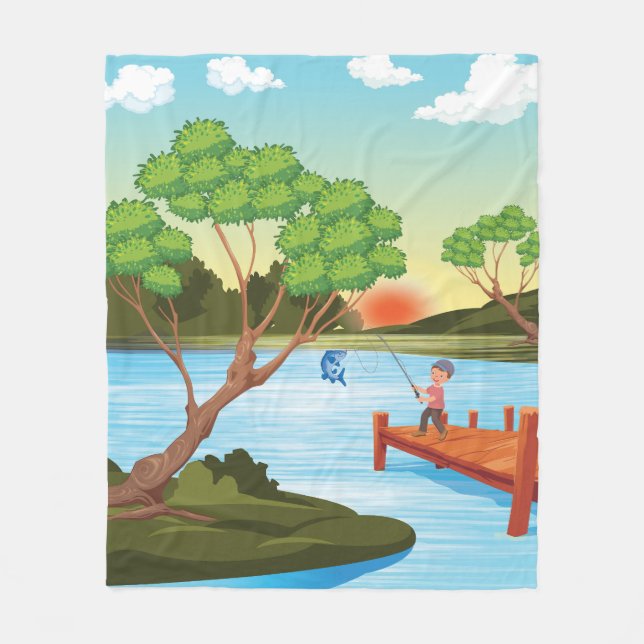 Funny Kid Loves to Fish, Fishing Children Fisherma Fleece Blanket (Front)