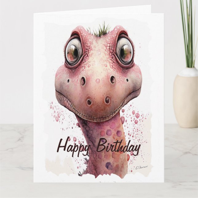 Funny Kids Cute and Loveable Pink Dinosaur Birthda Card (Front)