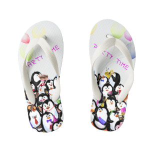 Funny Kid's Flip Flops with Happy Penguins Party