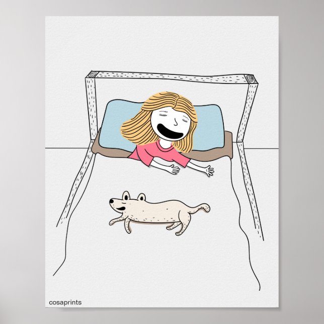 Funny kids poster girl and dog in bed together (Front)