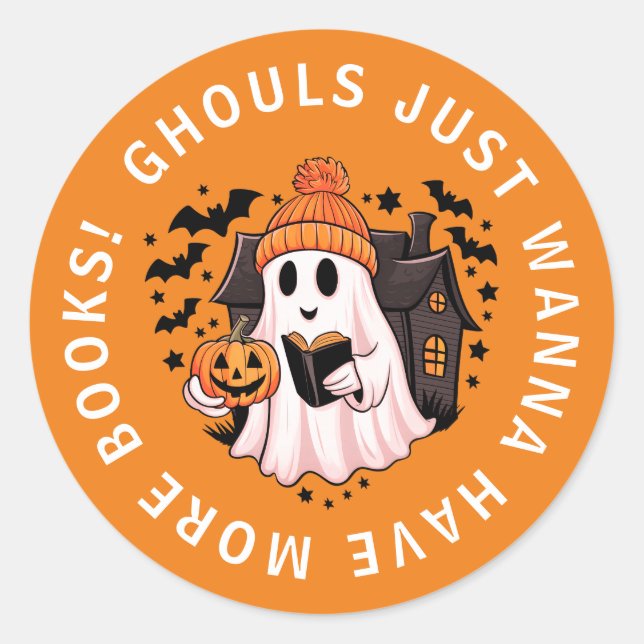Funny Kids Pumpkin Ghost Book Lovers  Classic Round Sticker (Front)