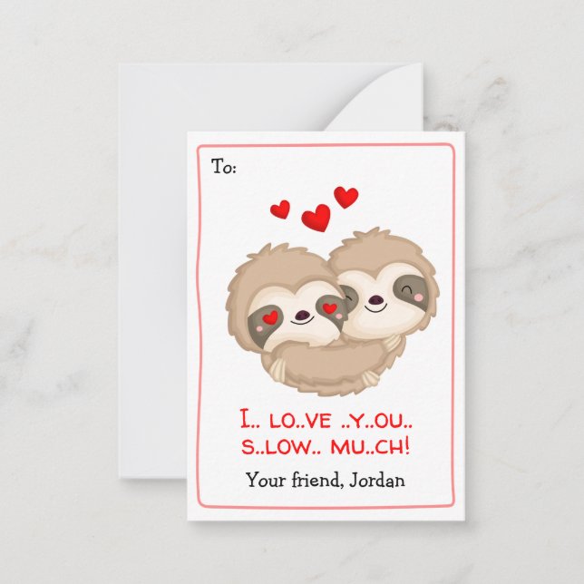 Funny Kids School Valentines (Sloth Hearts) Card (Front)