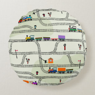 Funny kids seamless pattern railway with locomotiv round cushion