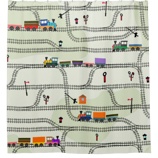 Funny kids seamless pattern railway with locomotiv shower curtain (Front)