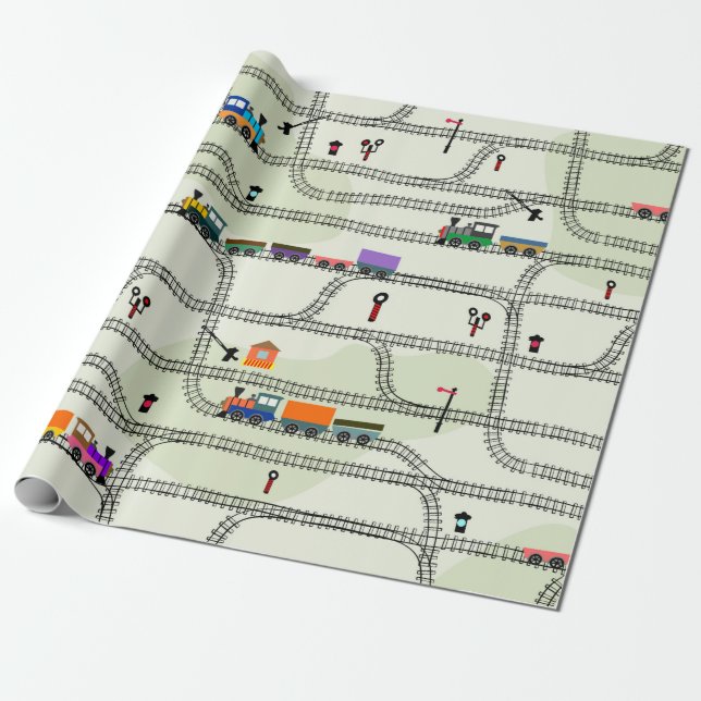 Funny kids seamless pattern railway with locomotiv wrapping paper (Unrolled)