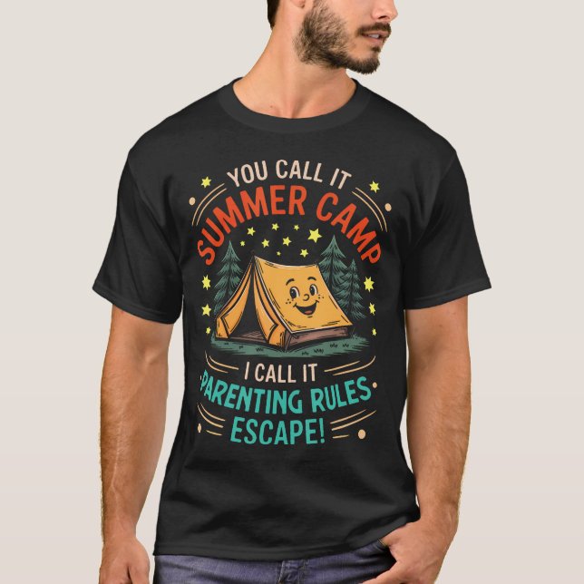 Funny Kids Summer Camp Parenting Rules Escape Tent T-Shirt (Front)