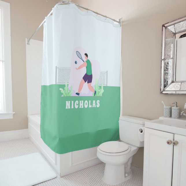 Funny Kids Tennis Player Boy Illustration Name Shower Curtain (In Situ)