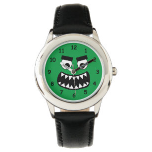 Funny kid's watch with green monster face cartoon