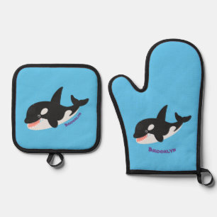 Funny killer whale orca cute cartoon illustration oven mitt & pot holder set