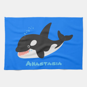 Funny killer whale orca cute cartoon illustration tea towel