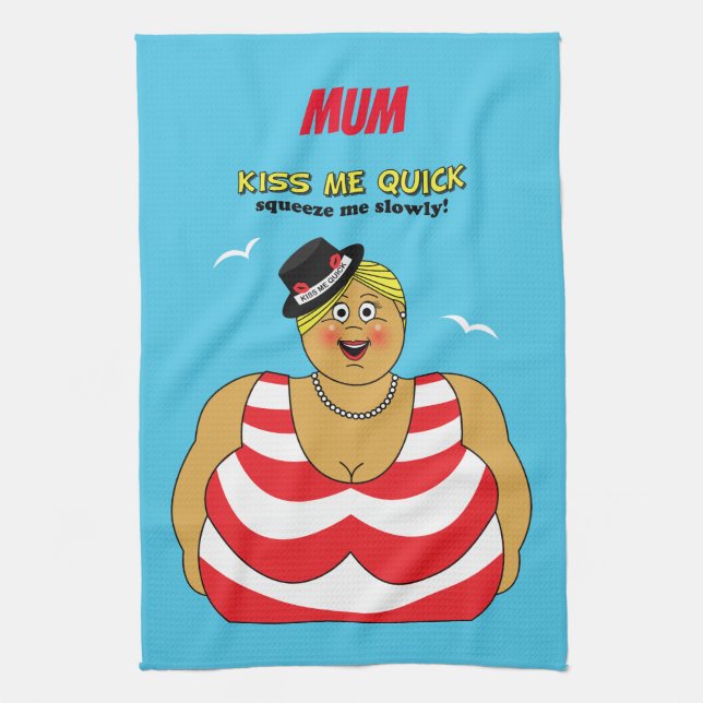 Funny Kiss Me Quick British Seaside Swimsuit Lady Tea Towel (Vertical)