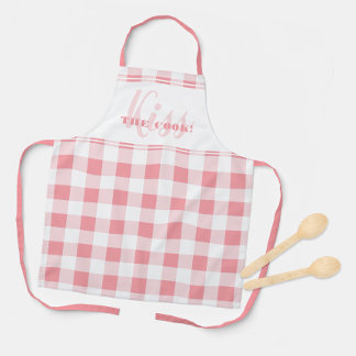 Funny Kiss The Cook Quote Gingham Check Pink Girly Apron