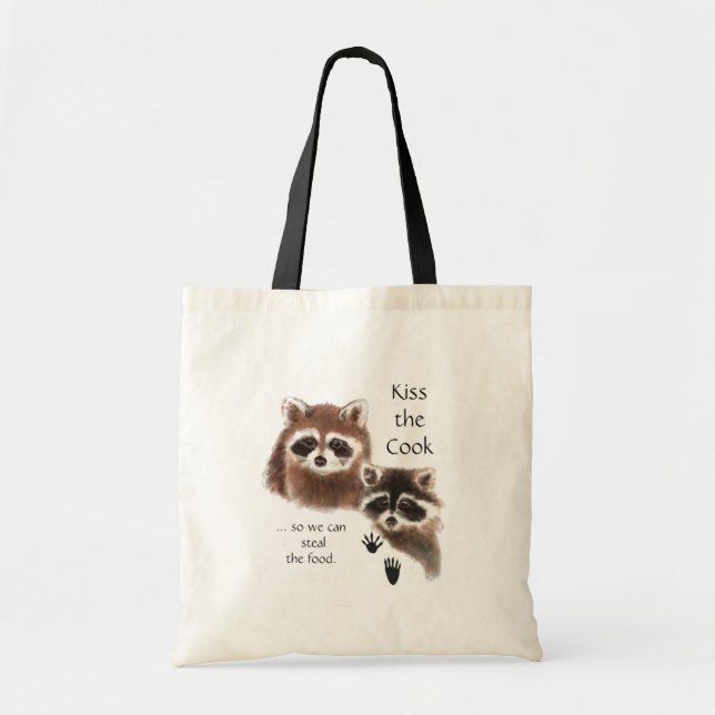 Funny, Kiss the Cook, Raccoons Tote Bag (Front)