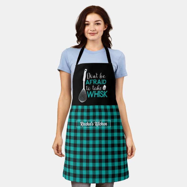 Funny Kitchen Pun Take Whisk Teal Green Plaid Apron (Worn)