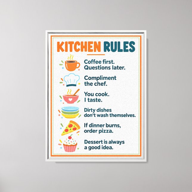 Funny Kitchen Rules Colourful Framed Canvas Print (Front)