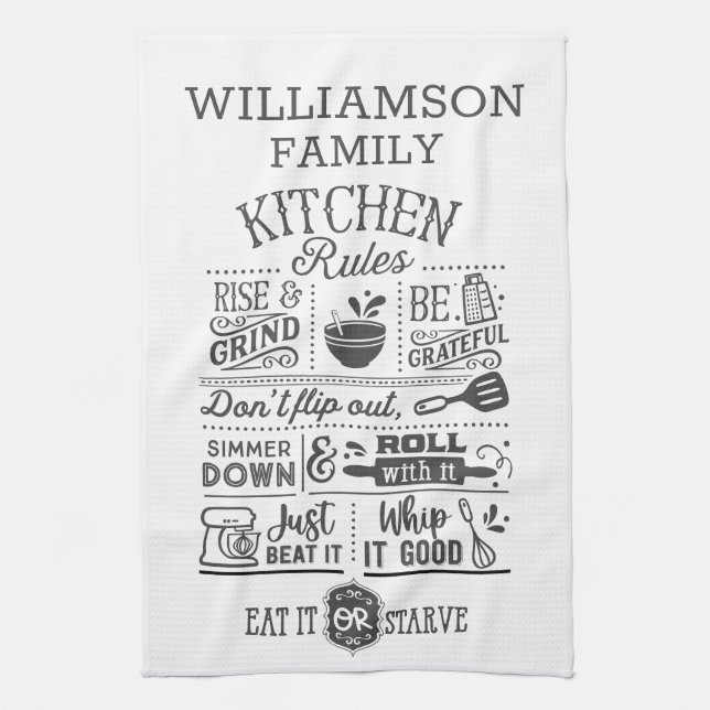 Funny Kitchen Rules Subway Art Personalised Tea Towel (Vertical)