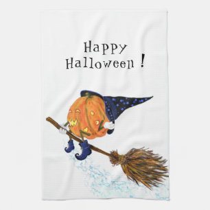 Funny Kitchen Towel Halloween Witch Pumpkin Flying