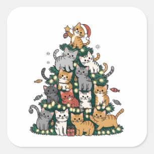 Funny Kitten Christmas Tree Cat Pet Animal Lover  Square Sticker