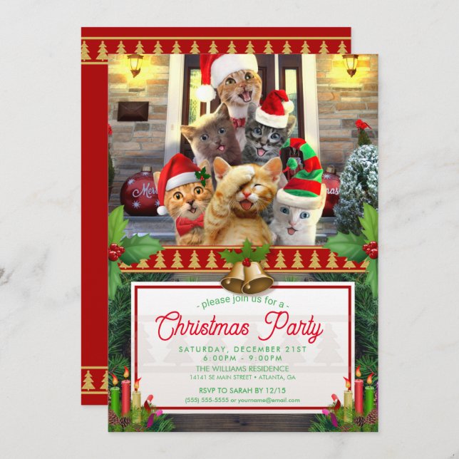 Funny kittens in Christmas Day.             Invitation (Front/Back)