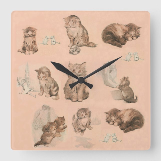FUNNY KITTY CAT STORIES IN PINK SQUARE WALL CLOCK (Front)