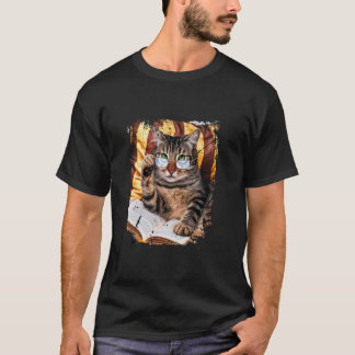 Funny Kitty Cat with Glasses Reading a Book Vintag T-Shirt