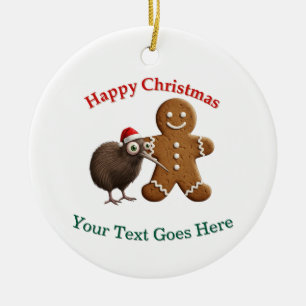 Funny Kiwi Bird in Santa Hat & Gingerbread Man Ceramic Tree Decoration