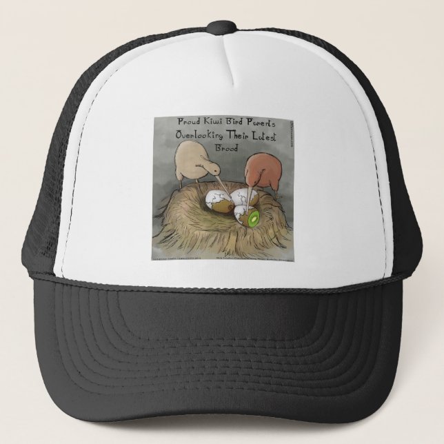 Funny Kiwi Birds Tending Their Fruit Trucker Hat (Front)