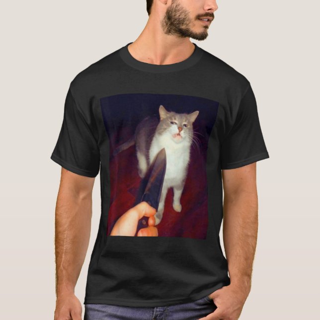 Funny Knife Cat Meme  T-Shirt (Front)