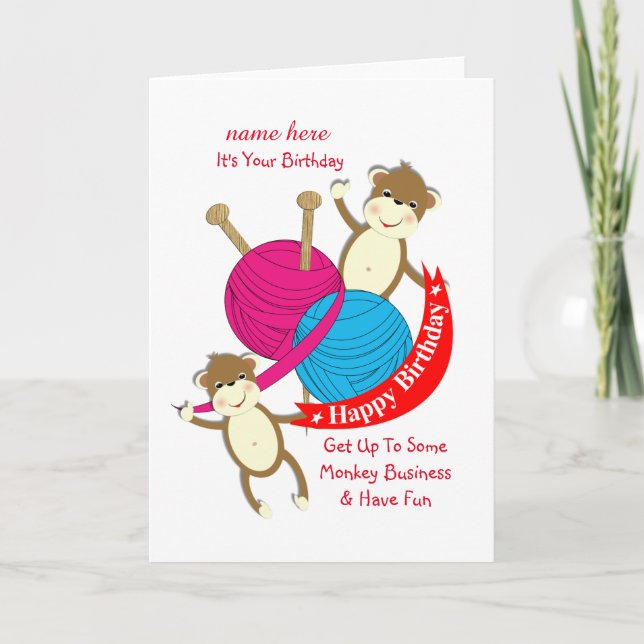 Funny Knitters Themed Happy Birthday Card (Front)