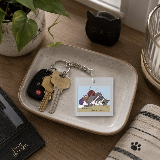 Funny Knitting Cat Tangled Yarn Hobby Humour Key Ring (Creator Uploaded)