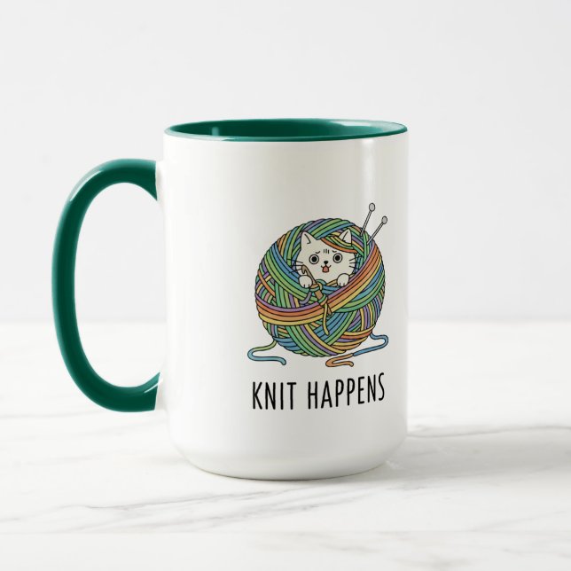 Funny Knitting Cat Yarn Art "Knit Happens" Print Mug (Left)