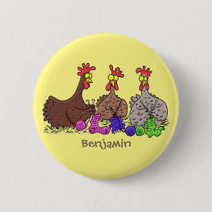 Funny knitting chickens cartoon illustration 6 cm round badge
