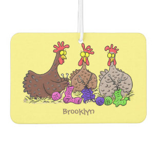 Funny knitting chickens cartoon illustration  car air freshener