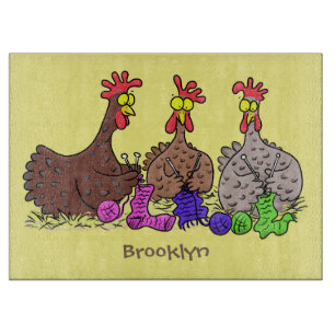 Funny knitting chickens cartoon illustration cutting board