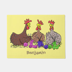 Funny knitting chickens cartoon illustration doormat