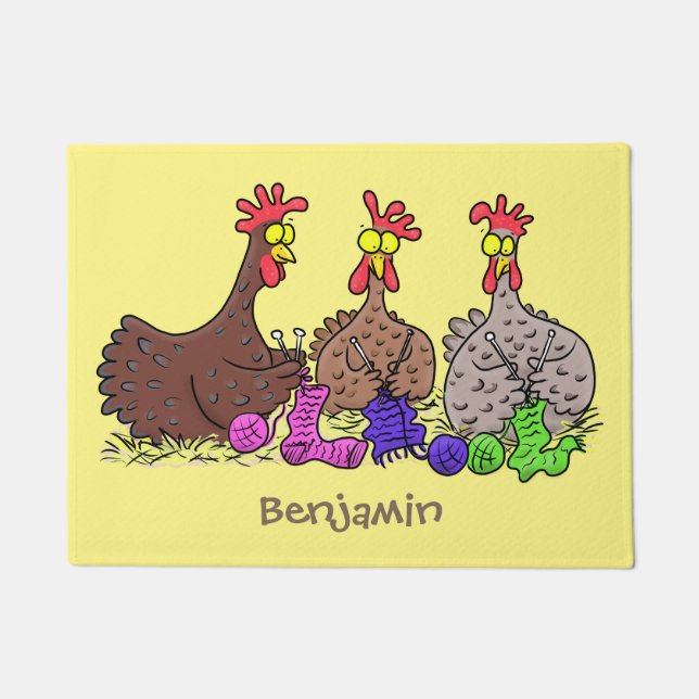 Funny knitting chickens cartoon illustration doormat (Front)