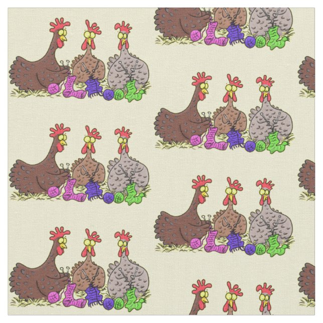 Funny knitting chickens cartoon illustration fabric (Close Up)
