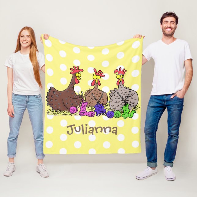 Funny knitting chickens cartoon illustration fleece blanket (In Situ)