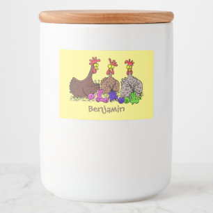Funny knitting chickens cartoon illustration food label