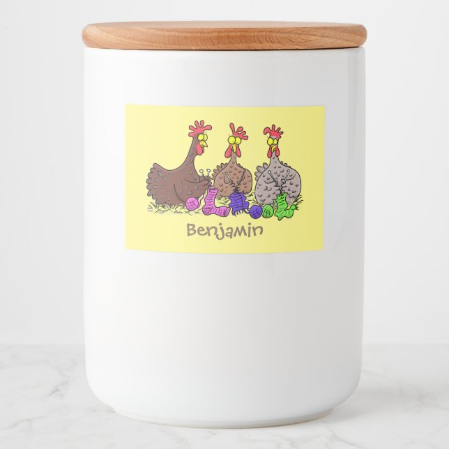 Funny knitting chickens cartoon illustration food label (Front)