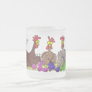 Funny knitting chickens cartoon illustration frosted glass coffee mug