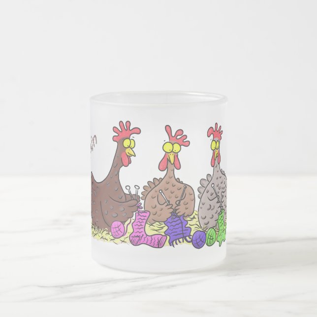 Funny knitting chickens cartoon illustration frosted glass coffee mug (Center)