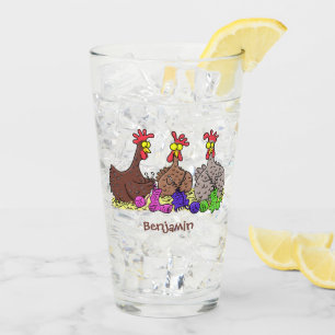 Funny knitting chickens cartoon illustration glass